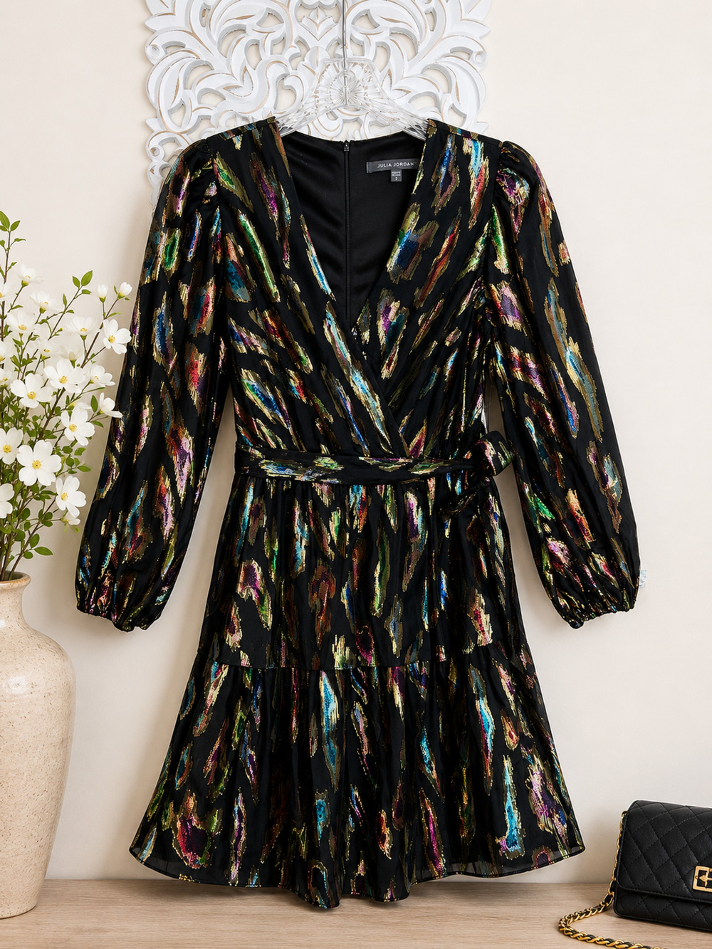 NWT Julia Jordan Fit & Flare Dress size 2 Black Metallic Long Sleeve Belt Party